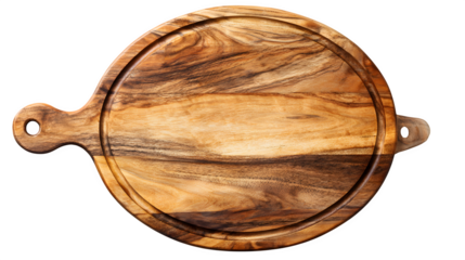 Top view of round wooden cutting board isolated on white