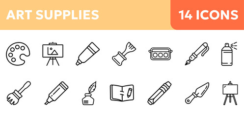 Art supplies icons collection representing various  essential tools for artists