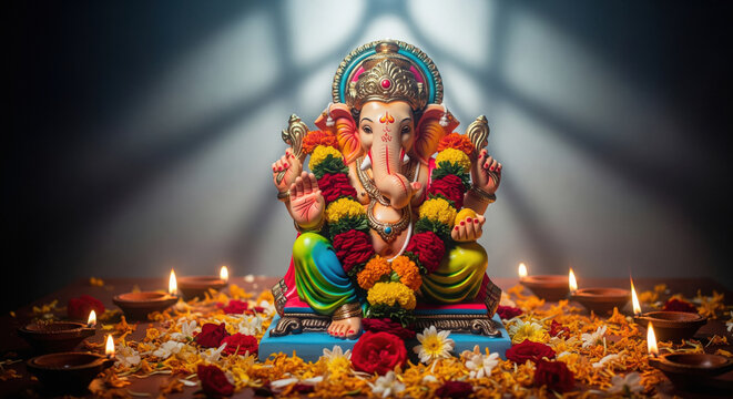beautiful lord ganesha statue with flowers and oil lamps