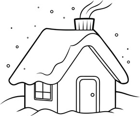 Winter house covered in snow, a coloring page for kids. A black and white line art vector illustration of a festive Christmas cottage with a smoking chimney. 