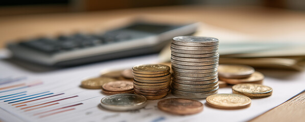 Stylish close-up of coins and bills on the table, with a calculator in the background. 