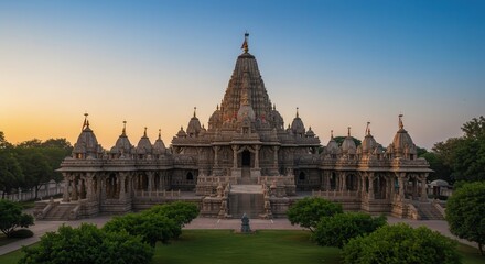 Obraz premium Beautiful Hindu Temple with Traditional Architecture Surrounded by Greenery at Sunrise 