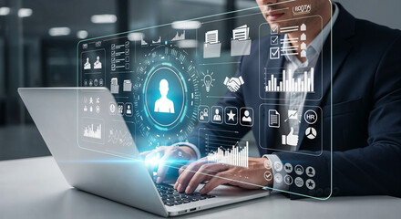 Innovative Businessman Typing on Laptop with Virtual Interface in Modern Office Setting