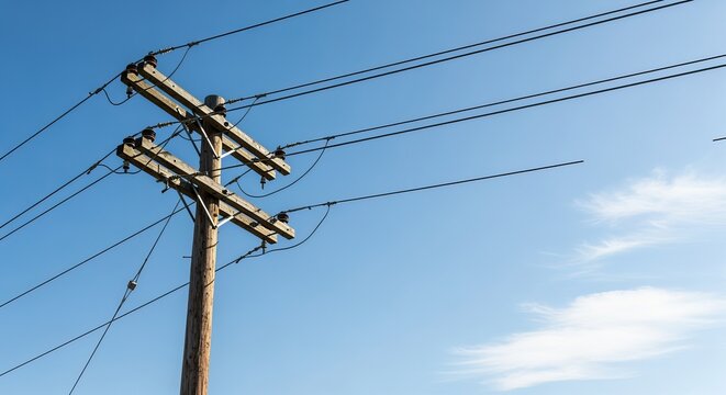 Powerlines power pole electricity electric wires transmission sky infrastructure communication utility network - Powered by Adobe