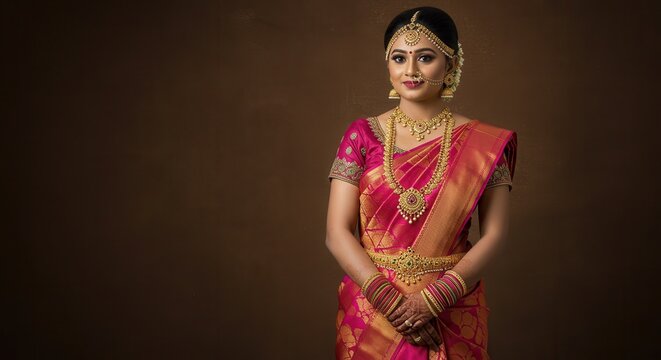 Beautiful Indian Bride in Pink and Gold Silk Saree with Traditional Jewelry &ndash; Studio Portrait on Brown Background 