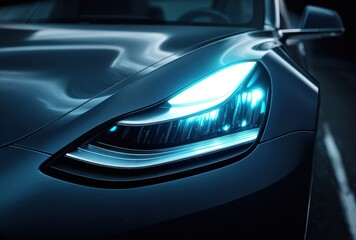 A close-up shot showcases the sleek design of a modern vehicle's headlight, illuminating the surrounding area with a vibrant, futuristic glow, highlighting its advanced technology.