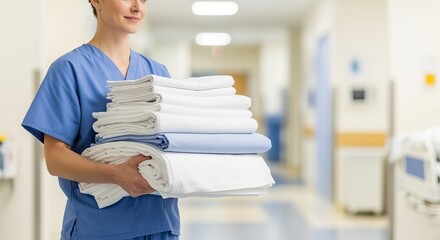 Hospital laundry service worker carrying clean linens textiles sheets towels healthcare hygiene uniform care