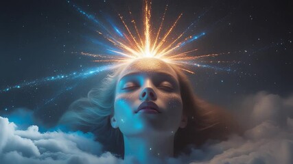 Surreal dreamy woman with closed eyes floating among clouds as radiant glowing light bursts from forehead in dark starry sky - Powered by Adobe