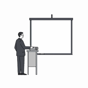 recommend clip art: Businessman prepares for presentation using a projector and blank screen, illustrating professional communication and technology setup for meetings.
