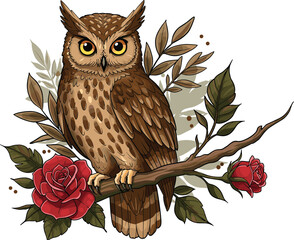 Vintage owl illustration, floral design, brown owl on branch, red roses, detailed feathers, nature art, woodland theme, botanical drawing, realistic owl