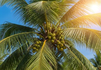 Fototapeta premium Lush Palm Tree with Coconuts Against a Clear Sky