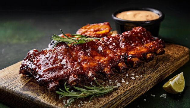 Barbecue Pork Ribs On a dark background, High-end food photography, clean composition, dramatic lighting