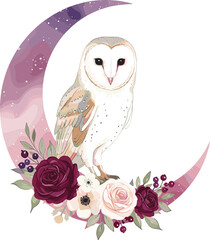 Watercolor barn owl on purple crescent moon with burgundy and blush roses, elegant floral night illustration, boho mystical art