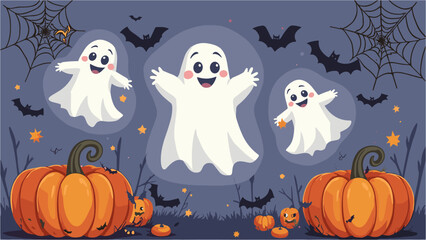 Happy Halloween Scene with Cute Cartoon Ghosts, Bats, Spiderwebs, and Pumpkins Illustration