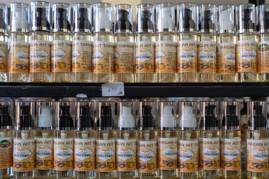 Argan lotions, shop window with products indicated for skincare. Argan oil production in a Berber cooperative, near Marrakech. Morocco

