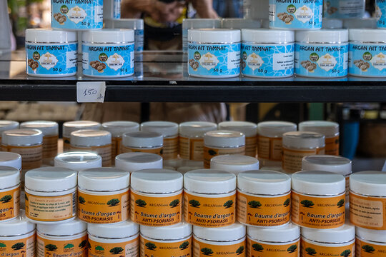 Shop window with products indicated for skin care. Argan oil production in a Berber cooperative, near Marrakech. Morocco

