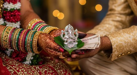 Fototapeta premium Close-Up of Bride and Groom Holding Lord Ganesha Idol with Henna Hands – Traditional Indian Wedding Ritual