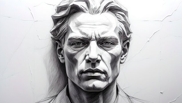 A grayscale portrait of a man with a stern expression, featuring striking shadow play and meticulous details. The portrait captures the subject's commanding presence and strong features