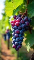 A bountiful harvest of ripe, purple grapes hanging heavy on a mature grapevine, ready for picking Sunlight illuminates the juicy fruit and lush green leaves , organic, fruit, leaves