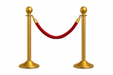 Luxurious golden-poled red velvet rope blocking entrance, signaling restricted, high-end access against clean white backdrop