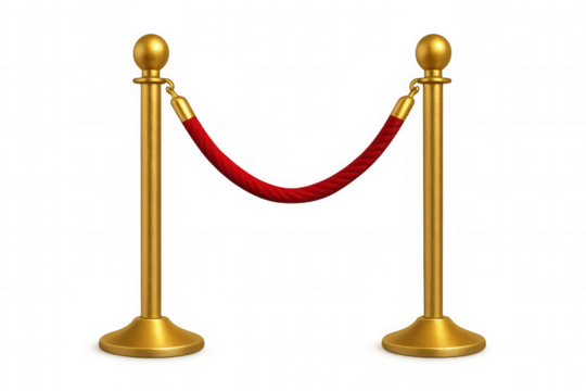 Luxurious golden-poled red velvet rope blocking entrance, signaling restricted, high-end access against clean white backdrop