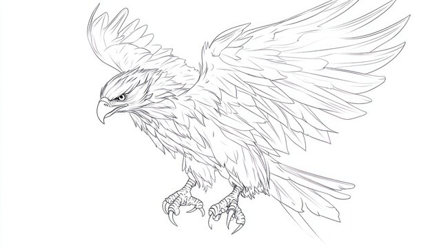 Sketch of eagle with wings spread, drawn with intricate lines showing feathers detail