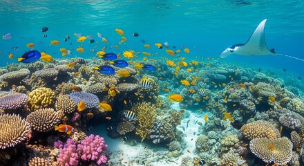 Obraz premium Underwater coral reef fish manta ray ocean marine life colorful vibrant aquatic ecosystem biodiversity scene
