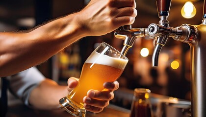 bartender hand at beer tap pouring a draught beer in glass serving in a restaurant or pub