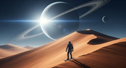 An astronaut sandboarding on a desert planet with a ringed planet and moon in the background