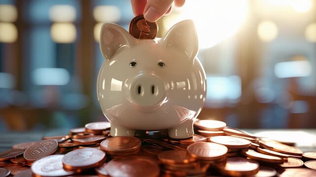 White ceramic piggy bank surrounded by shiny copper coins with hand inserting penny in warm sunlight background