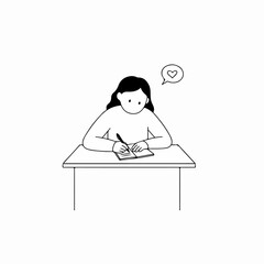 Minimalist line art illustration of a person writing in a notebook at a desk, with a heart thought bubble symbolizing love or positive feelings.