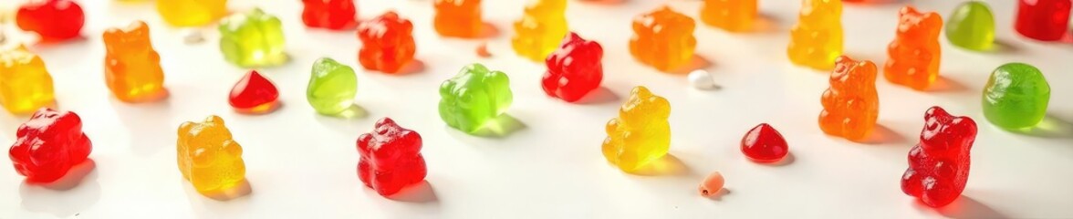 A colorful assortment of gummy bears, various shapes and colors, scattered on a white background Perfect for food, candy, confectionery, and sweet treat imagery , yellow, texture, confection