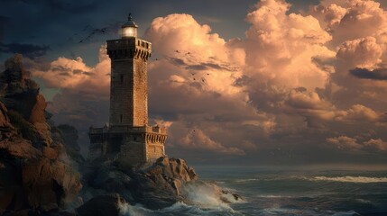 Fototapeta premium A dramatic lighthouse stands on a rocky coast during a stormy sunset.
