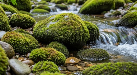 Mossy rocks stream nature water flowing river green environment landscape forest outdoors tranquil scene