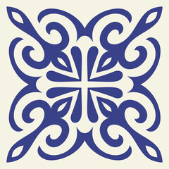 Mediterranean ceramic blue seamless tile pattern, tamplate of square stamp, carving template, rotational symmetry, arabic style, isolated on white background