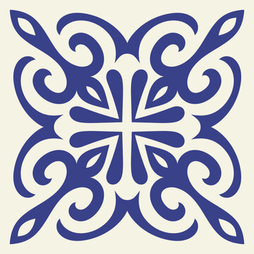 Mediterranean ceramic blue seamless tile pattern, tamplate of square stamp, carving template, rotational symmetry, arabic style, isolated on white background