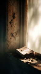 Obraz premium Faded book rests on a weathered windowsill.