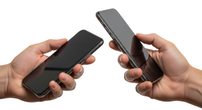 Two hands exchanging modern smartphones against a white background.