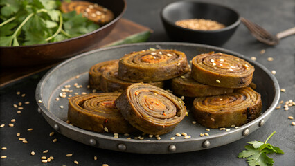 Traditional Indian Gujarati Snack Patra on a Plate &ndash; Colocasia Leaf Rolls with Sesame Seeds