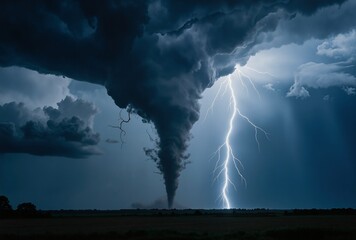 A dramatic thunderstorm with a towering dark cloud and a bolt of lightning striking down, creating a striking contrast against the night sky