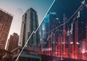 Urban business growth trends downtown cityscape graphic data visualization modern economy aerial perspective