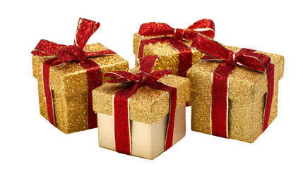 Obraz premium Golden glitter gift boxes with red ribbons isolated on white