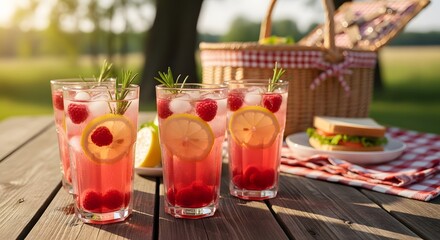 Raspberry lemonade drinks and picnic basket on a wooden table in a sunny outdoor setting