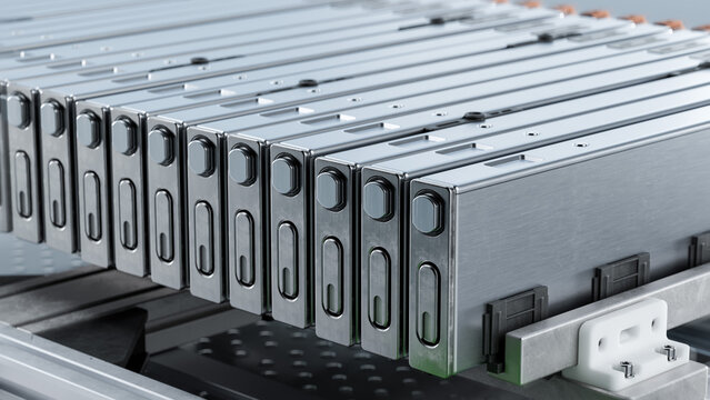 Close-up of High-voltage Blade Battery Pack for Electric Vehicle or Hybrid Car. High Performance and High Capacity Battery for EV. Battery Rectangular Modules for Automotive Industry.
