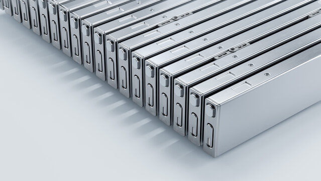 Close-up of Rectangular Battery Modules for Electric Vehicle or Hybrid Car Isolated on Light Background. EV Battery Cells for Automotive Industry. High Performance and Capacity Blade Battery Pack.