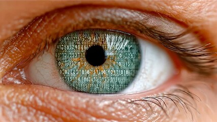 A close-up of a human eye featuring binary code reflected in the iris, symbolizing technology, digital identity, and data privacy - Powered by Adobe