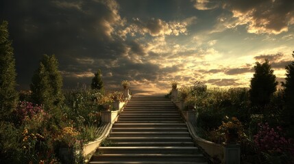 Serene stone stairs ascend to a dramatic sky.