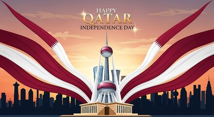Qatar Independence Day Celebration: Skyline, Flag, and Golden Text