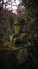 Stone sculpture covered in moss, nestled within a lush woodland setting.