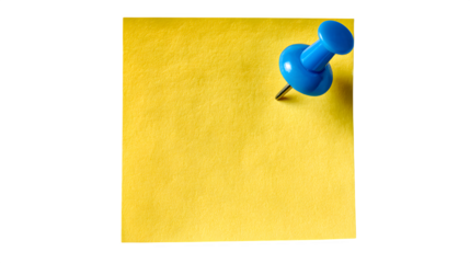 Yellow sticky note with blue pushpin isolated on white
